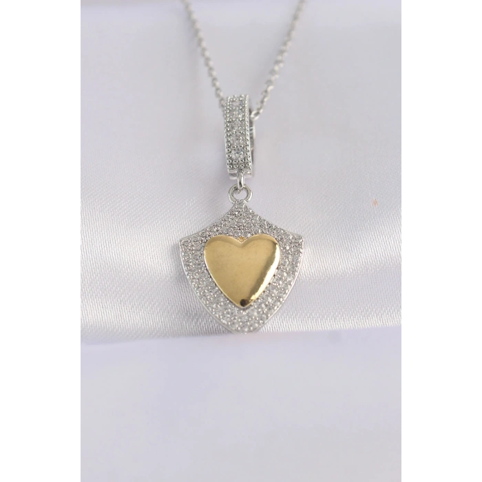 316L Çelik Zincir Gümüş Renk Zirkon Taşlı Tasarım Altın Renk Kalp Kolye