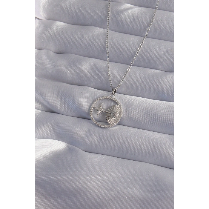 316L Çelik Zincir Gümüş Renk Zirkon Taşlı Yıldız Figürlü Oval Kolye