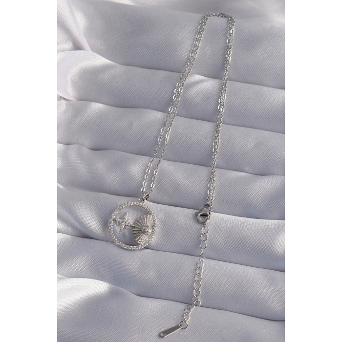 316L Çelik Zincir Gümüş Renk Zirkon Taşlı Yıldız Figürlü Oval Kolye