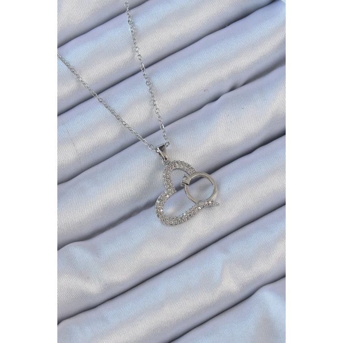 316L Çelik Zincir Gümüş Renk Zirkon Taşlı Yüzüklü Kalp Kolye