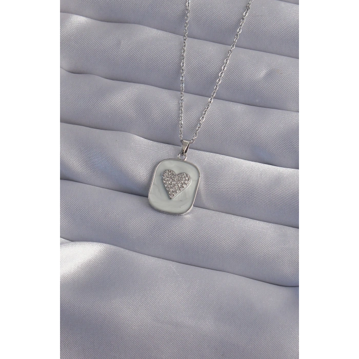 316L Çelik Zincir Mermer Desenli Gümüş Renk Zirkon Taşlı Kalp Model Kolye