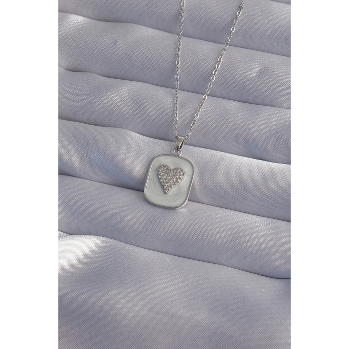 316L Çelik Zincir Mermer Desenli Gümüş Renk Zirkon Taşlı Kalp Model Kolye