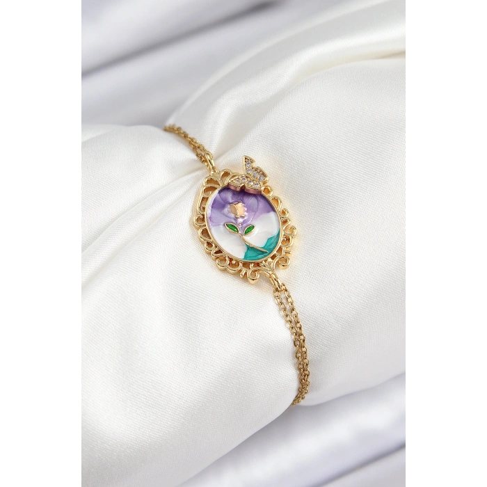 316L Çelik Zincir Mineli Sanatsal Portre Zirkon Taşlı Kelebek Detaylı Çiçek Model Gold Renk Kadın Bileklik