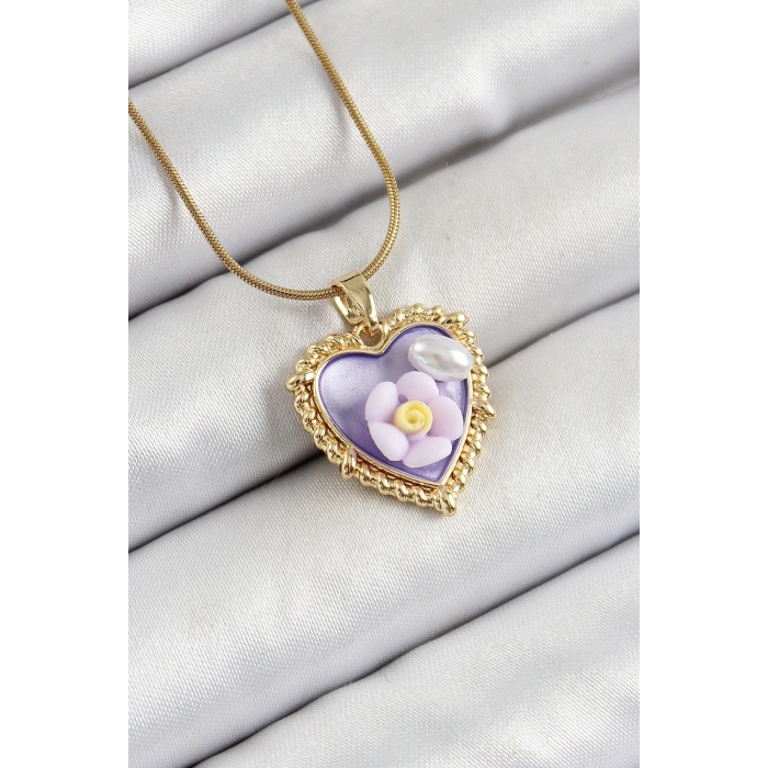 316L Çelik Zincir Mor Sanatsal Portre İnci Detaylı Papatya Figürlü Kalp Model Gold Renk Kadın Kolye