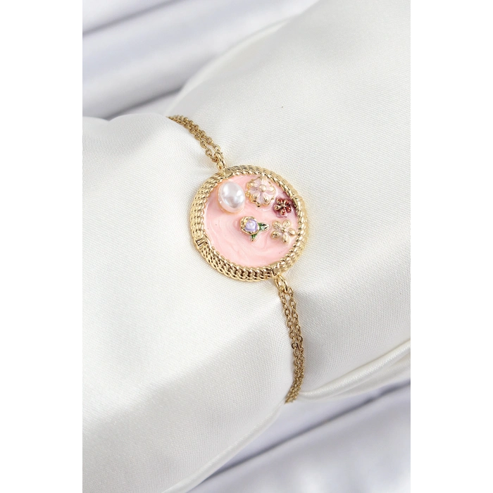 316L Çelik Zincir Pembe Mineli Sanatsal Portre İnci Detaylı Çiçek Model Gold Renk Kadın Bileklik