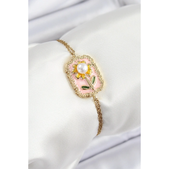 316L Çelik Zincir Pembe Mineli Sanatsal Portre İnci Detaylı Papatya Model Gold Renk Kadın Bileklik