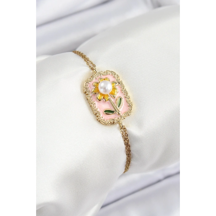 316L Çelik Zincir Pembe Mineli Sanatsal Portre İnci Detaylı Papatya Model Gold Renk Kadın Bileklik