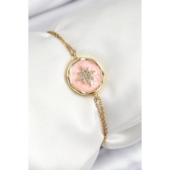 316L Çelik Zincir Pembe Mineli Sanatsal Portre Kuzey Yıldızı Model Gold Renk Kadın Bileklik