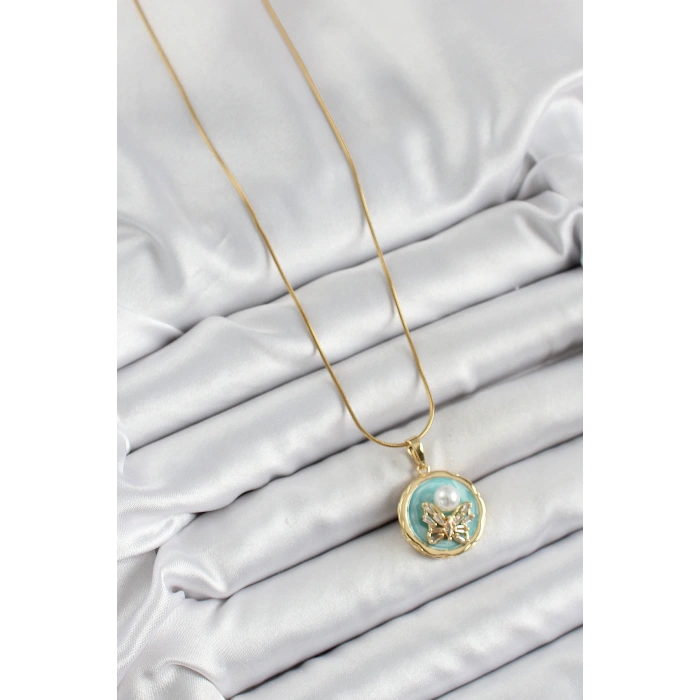 316L Çelik Zincir Zirkon Taşlı Turkuaz Sanatsal Portre İnci Detaylı Kelebek Model Gold Renk Kadın Kolye