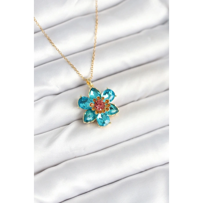 316L Çelik Zincirli Mavi Çiçek Model Kadın Kolye