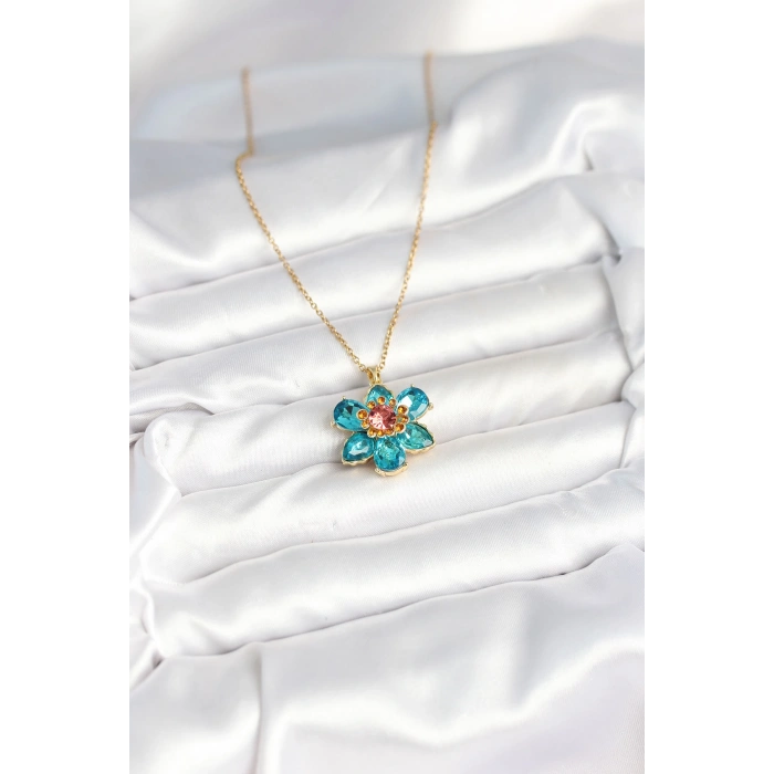 316L Çelik Zincirli Mavi Çiçek Model Kadın Kolye