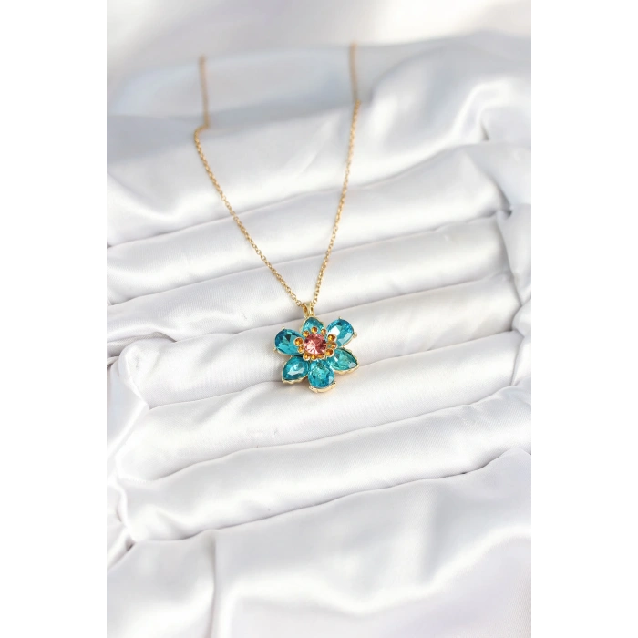 316L Çelik Zincirli Mavi Çiçek Model Kadın Kolye