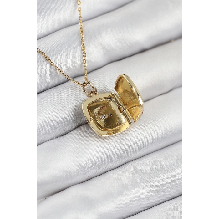 316L Çelik Zirkon Taşlı Açılabilr Kapaklı Göz Model Gold Renk Kadın Kolye