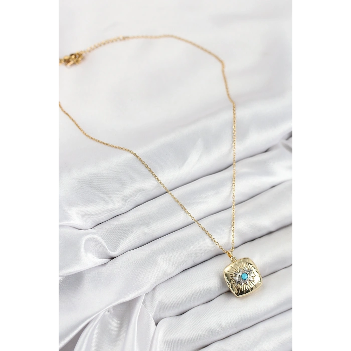 316L Çelik Zirkon Taşlı Açılabilr Kapaklı Göz Model Gold Renk Kadın Kolye
