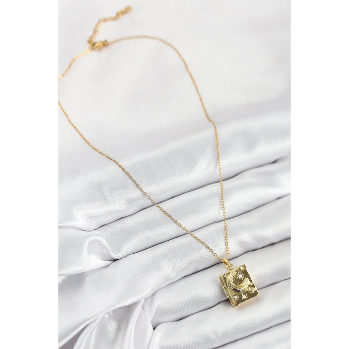 316L Çelik Zirkon Taşlı Açılabilr Kapaklı Kitap Model Gold Renk Kadın Kolye