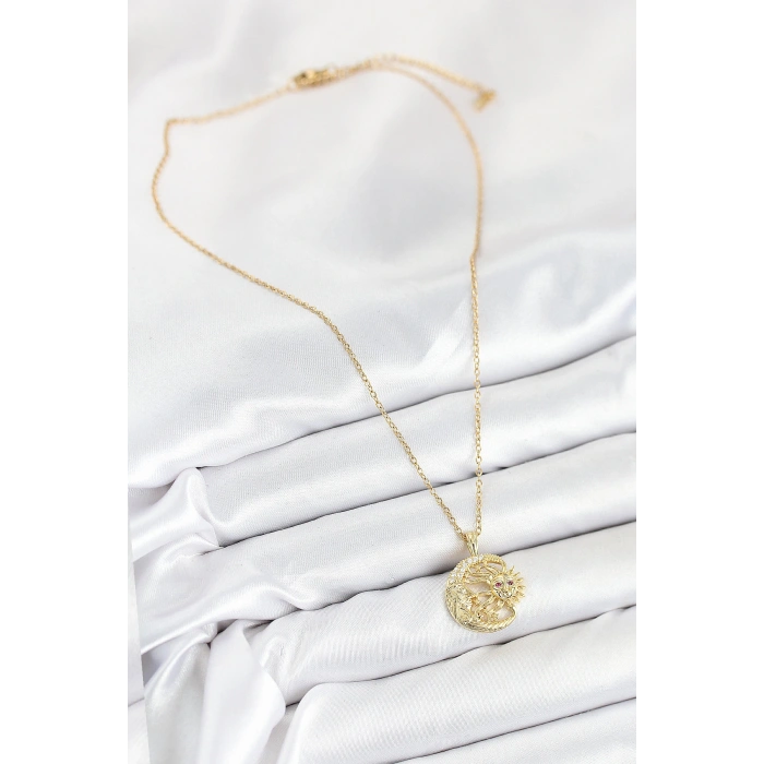 316L Çelik Zirkon Taşlı Ay Ve Güneş Model Gold Renk Kadın Kolye