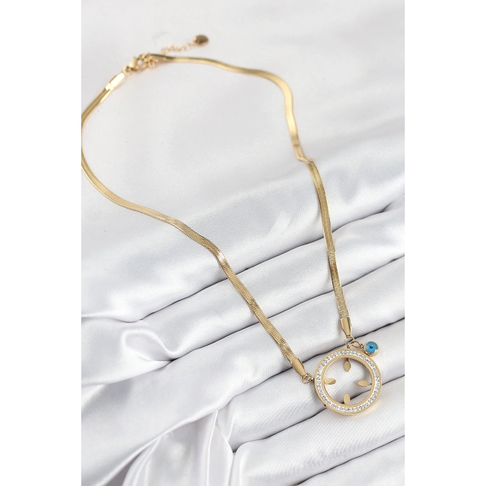 316L Çelik Zirkon Taşlı Çeyrek Takılabilir Gold Renk Kadın Kolye