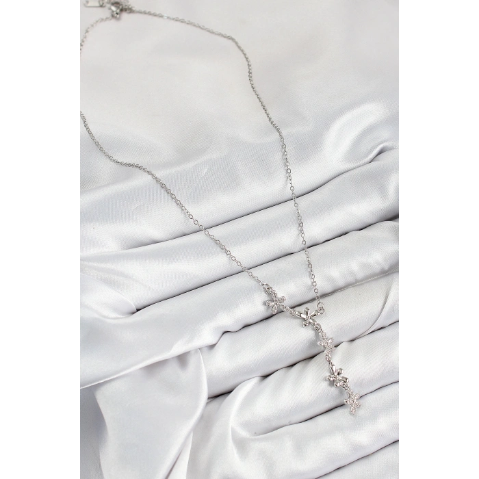 316L Çelik Zirkon Taşlı Çiçek Model Gümüş Renk Kadın Kolye