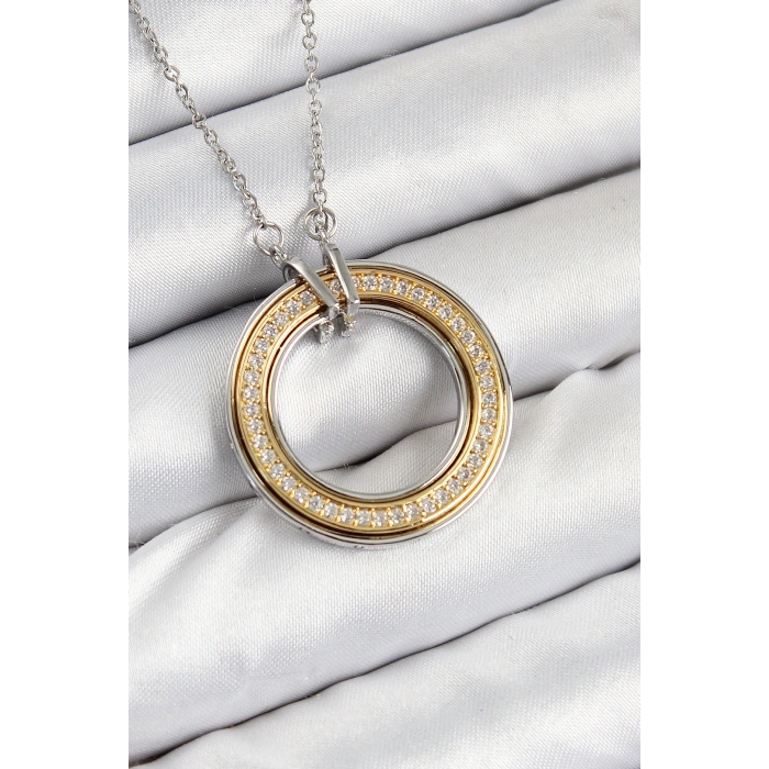 316L Çelik Zirkon Taşlı Dönen Daire Model Gold Ve Gümüş Renk Kadın Kolye