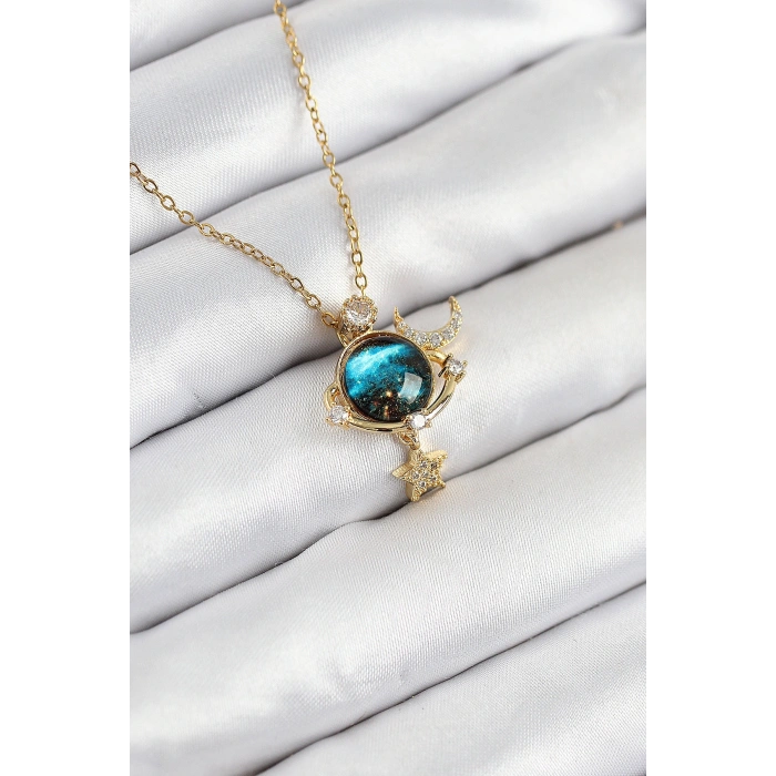 316L Çelik Zirkon Taşlı Gezegen Model Gold Renk Kadın Kolye
