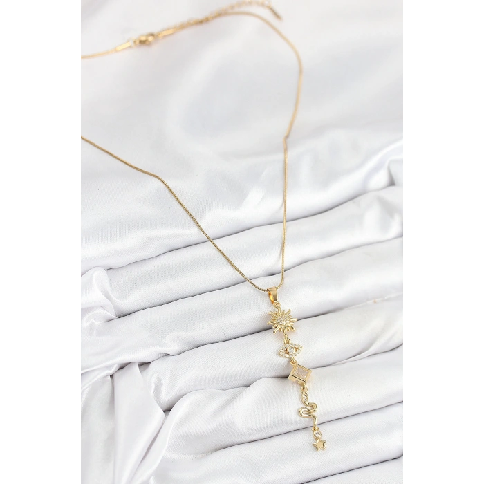 316L Çelik Zirkon Taşlı Güneş Ve Ay Enerji Model Gold Renk Kadın Kolye