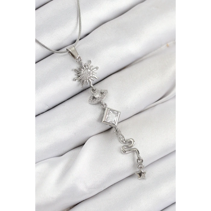 316L Çelik Zirkon Taşlı Güneş Ve Ay Enerji Model Gümüş Renk Kadın Kolye