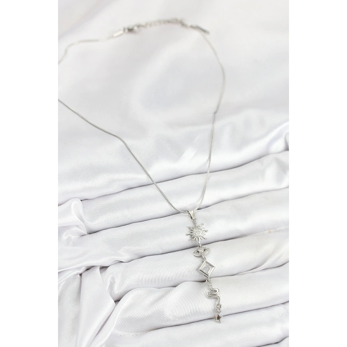 316L Çelik Zirkon Taşlı Güneş Ve Ay Enerji Model Gümüş Renk Kadın Kolye