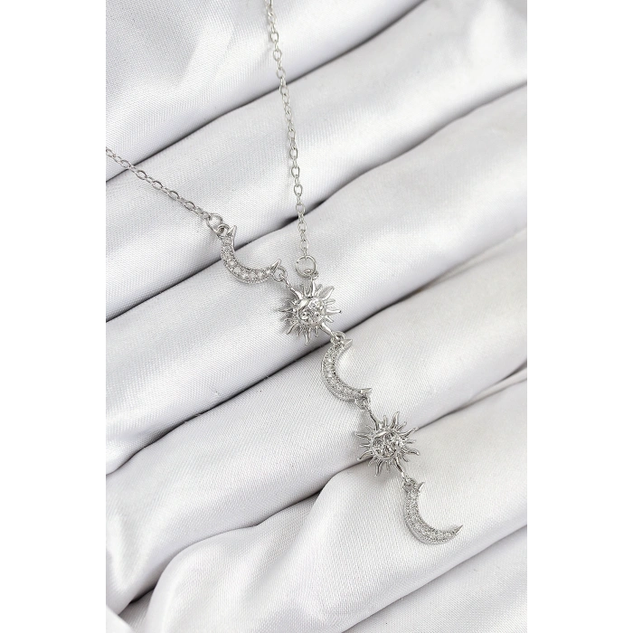 316L Çelik Zirkon Taşlı Güneş Ve Ay Model Gümüş Renk Kadın Kolye