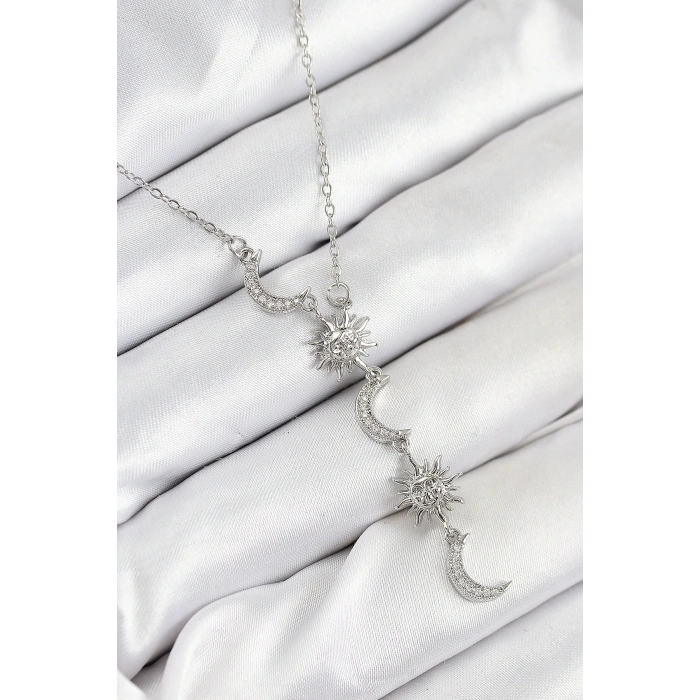 316L Çelik Zirkon Taşlı Güneş Ve Ay Model Gümüş Renk Kadın Kolye