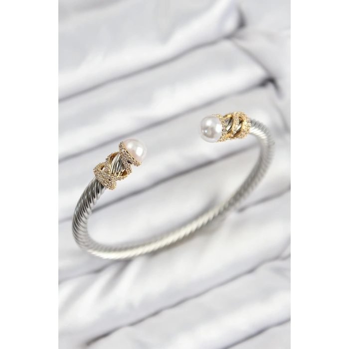 316L Çelik Zirkon Taşlı İnci Model Gold Ve Gümüş Renk Kadın Bileklik