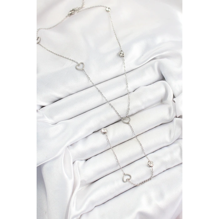 316L Çelik Zirkon Taşlı Kalp Figürlü Y Model Gümüş Renk Kadın Kolye