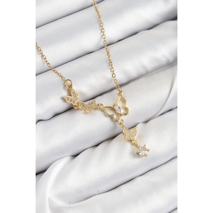 316L Çelik Zirkon Taşlı Kelebek Model Gold Renk Kadın Kolye