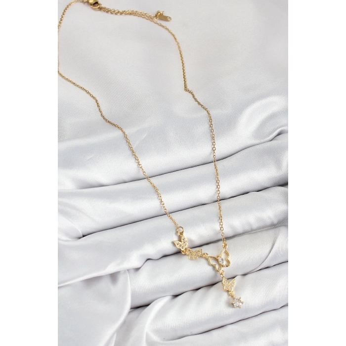 316L Çelik Zirkon Taşlı Kelebek Model Gold Renk Kadın Kolye