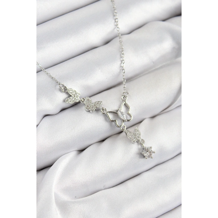 316L Çelik Zirkon Taşlı Kelebek Model Gümüş Renk Kadın Kolye