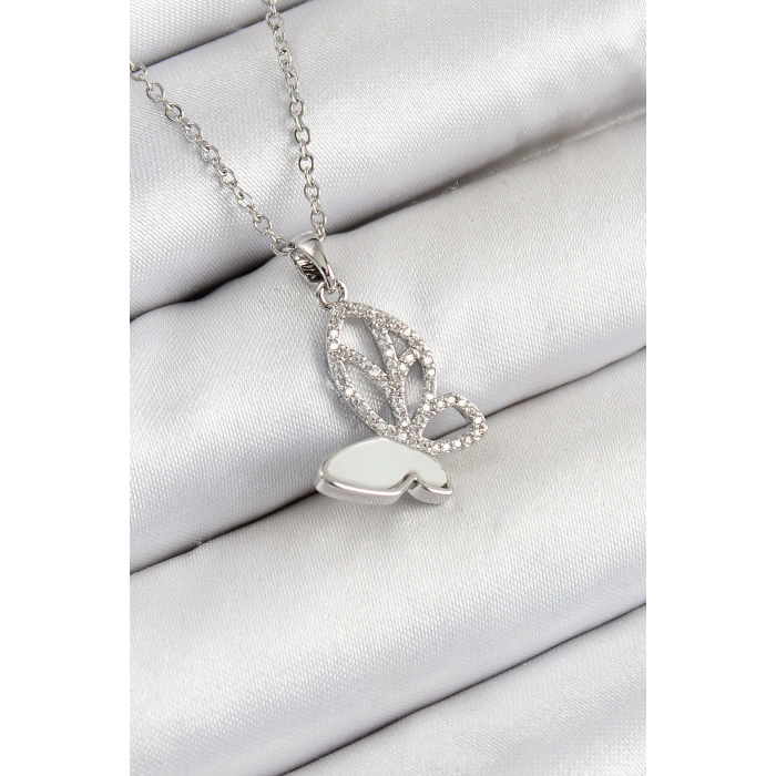 316L Çelik Zirkon Taşlı Kelebek Model Gümüş Renk Kadın Kolye