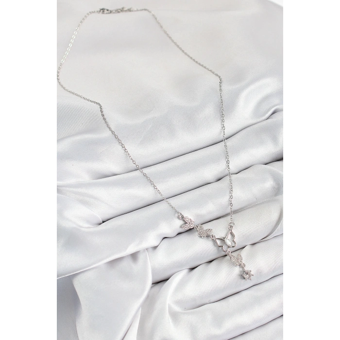 316L Çelik Zirkon Taşlı Kelebek Model Gümüş Renk Kadın Kolye