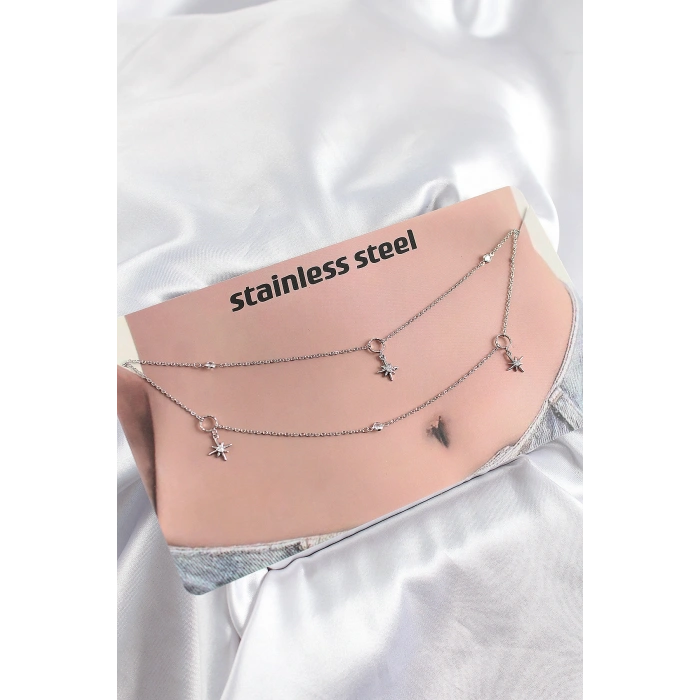 316L Çelik Zirkon Taşlı Kutup Yıldızı Model Gümüş Renk Göbek Bel Zinciri