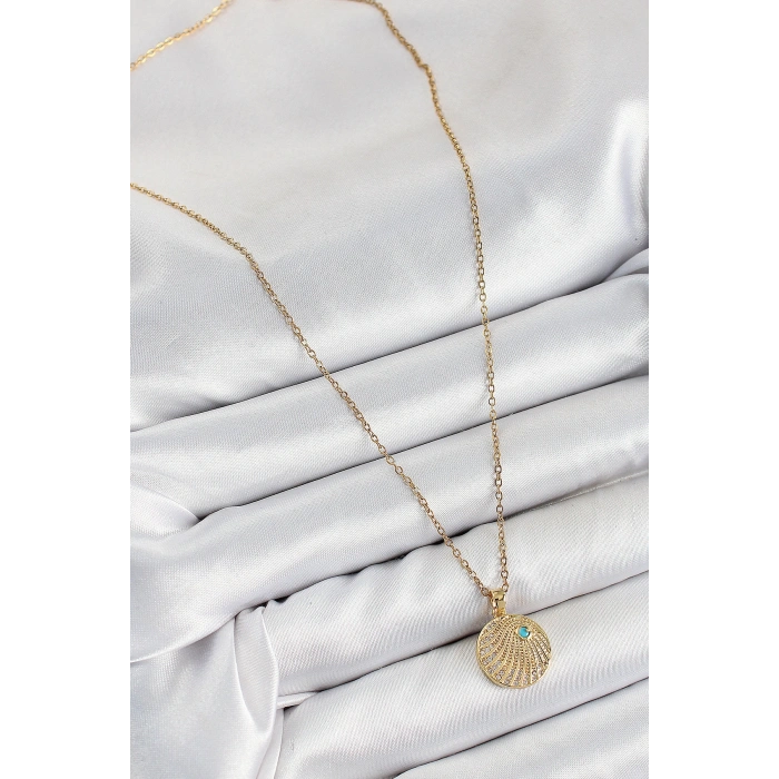 316L Çelik Zirkon Taşlı Madalyon Model Gold Renk Kadın Kolye