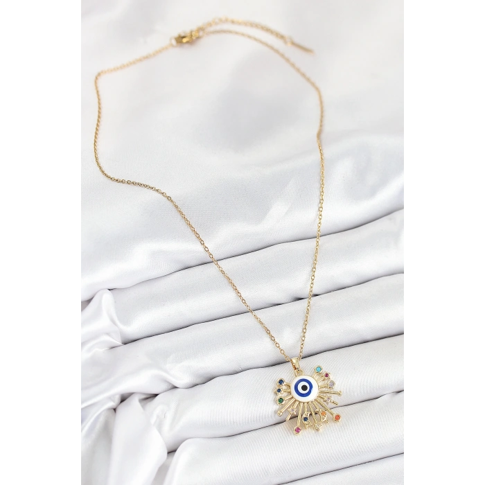 316L Çelik Zirkon Taşlı Nazar Model Gold Renk Kadın Kolye