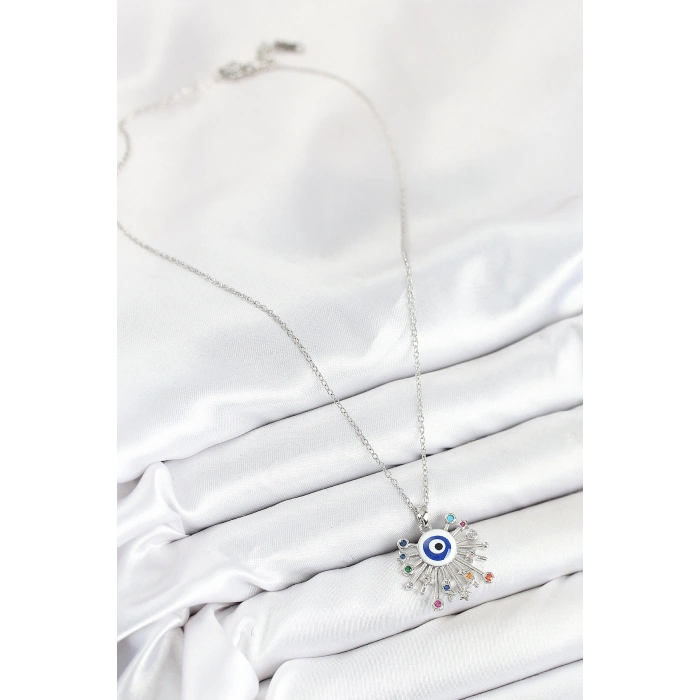 316L Çelik Zirkon Taşlı Nazar Model Gümüş Renk Kadın Kolye