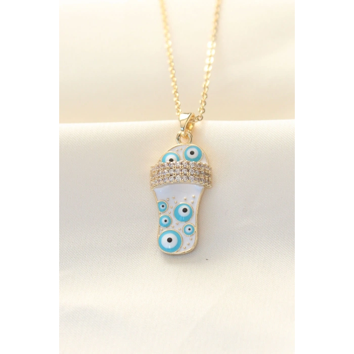 316L Zinciri Çelik Zirkon Taşlı Gold Renk Nazar Boncuklu Terlik Kolye