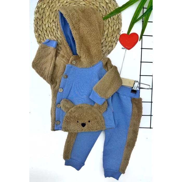 6-12-18-24 Ay Düğme Kapamalı Kapşonlu Ceket Welsoft Detaylı 2Li Erkek Bebek Takımı Mavi