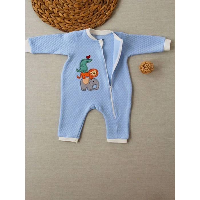 6-9 12-18 18-24 24-36 Ay Animal Nakışlı Bal Peteği Kumaş Es Fermuarlı Erkek Bebek Tulumu Mavi