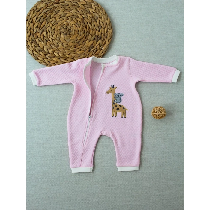 6-9 12-18 18-24 24-36 Ay Animal Nakışlı Bal Peteği Kumaş Es Fermuarlı Kız Bebek Tulumu Pembe