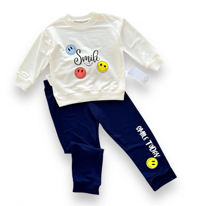 6-9-12-18 Ay Emoje Baskılı Pamuk Penye Kumaş Erkek Bebek Takımı Lacivert