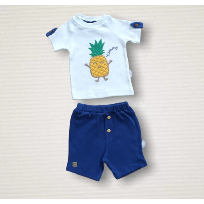 6-9 9-12 12-18 Ay Ananas Nakışlı Kısa Kollu Sweatli Şortlu 2Li Kız-Erkek Bebek Takımı Mavi