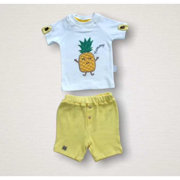 6-9 9-12 12-18 Ay Ananas Nakışlı Kısa Kollu Sweatli Şortlu 2Li Kız-Erkek Bebek Takımı Sarı
