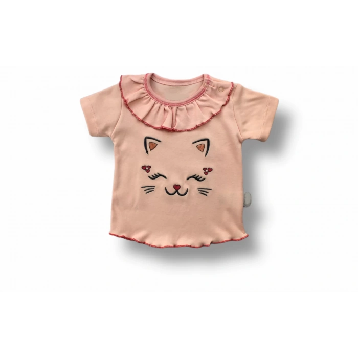 6-9 9-12 12-18 Ay Vip Kedi Baskılı Bandanalı Kısa Kollu Sweat 3Lü Kız Bebek Takımı Pudra