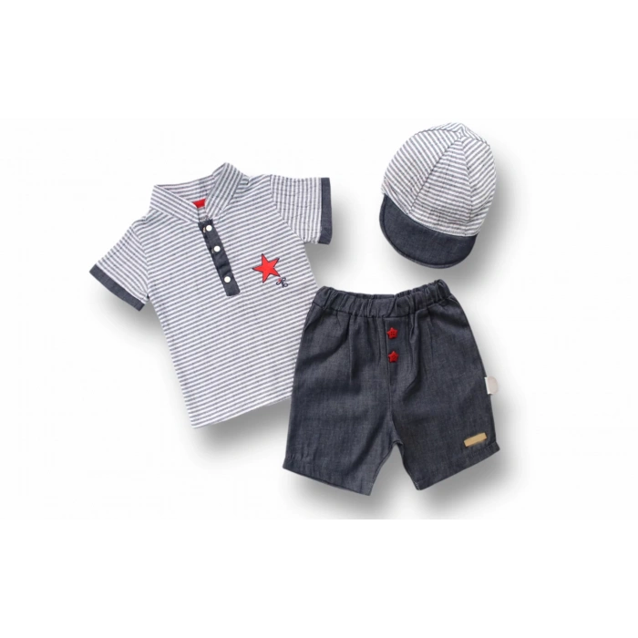 6-9 9-12 12-18 Ay Vip Yaka Şapkalı Kısa Kollu Sweat 3Lü Erkek Bebek Takımı Gri