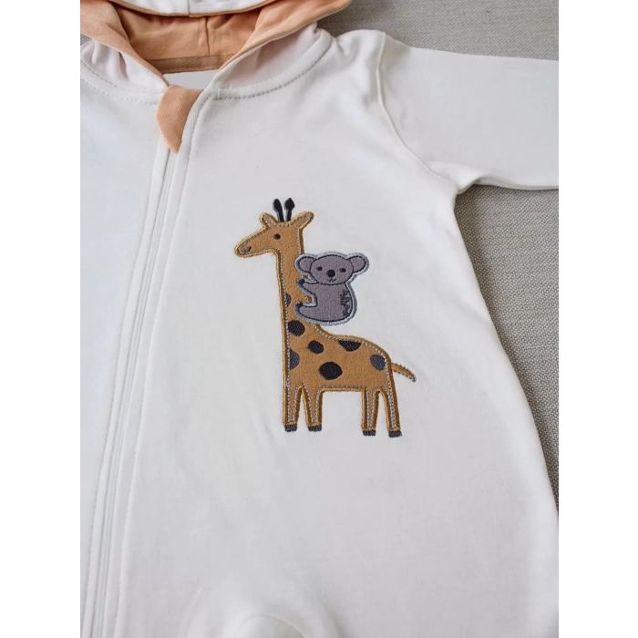6-9 9-12 Ay Ef Çizgi Boy Fermuarlı Zürafa Nakışlı Kapşonlu Kız Erkek Bebek Tulumu Ekru